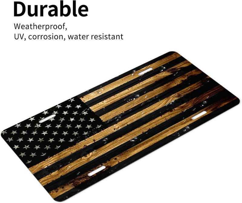 GACCAP Front License Plate Cover Car Decor Accessory Aluminum Metal Rust-Proof US Car Plate Novelty Vanity Tag Cover with 4 Holes for Men Women 6 * 12 in - Wood American Flag - Image 3